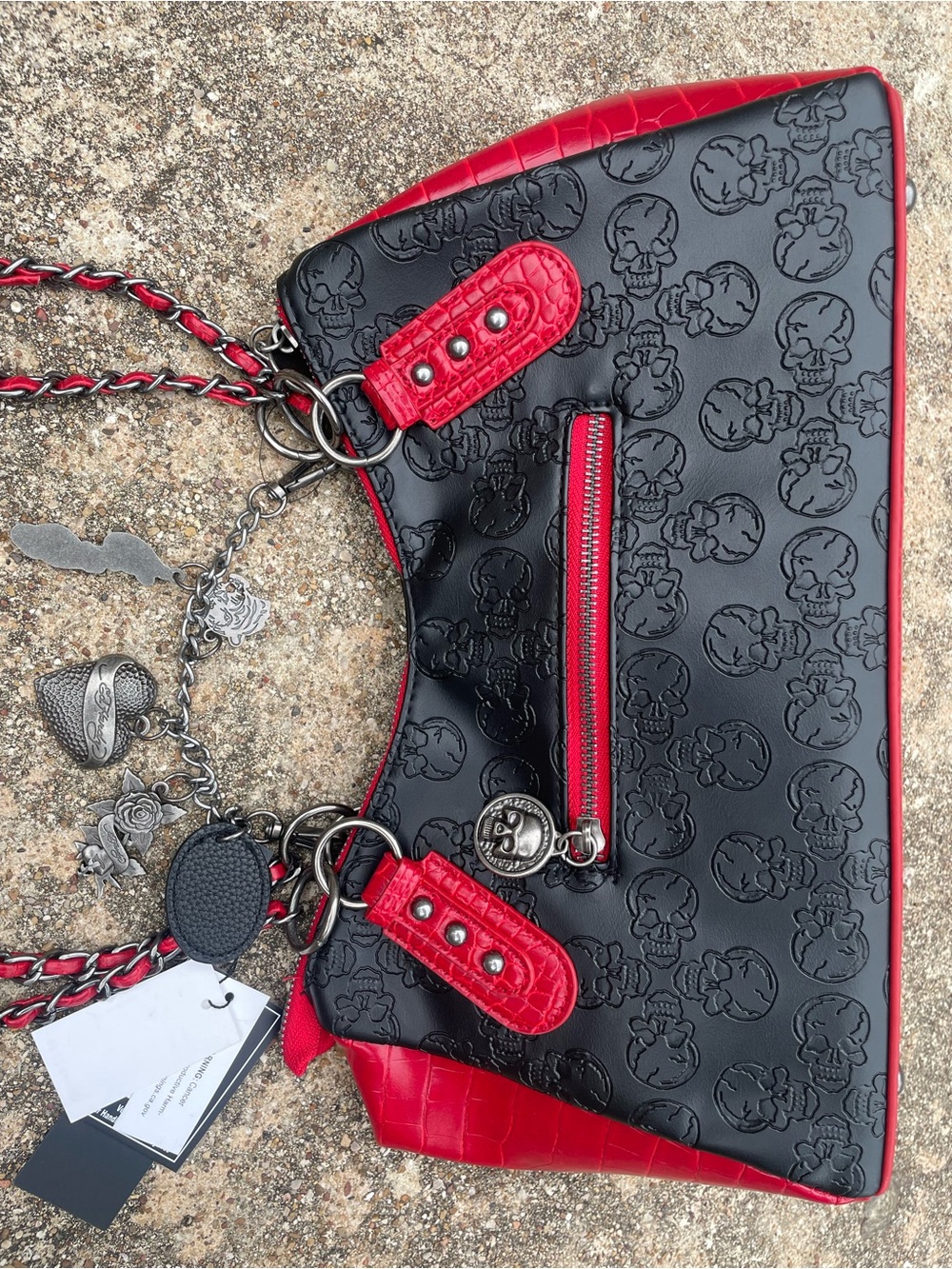 Ed Hardy Black & Red Tote Chain Charms Studded Croc Look Embossed Skulls Y2K NWT - Picture 5 of 9